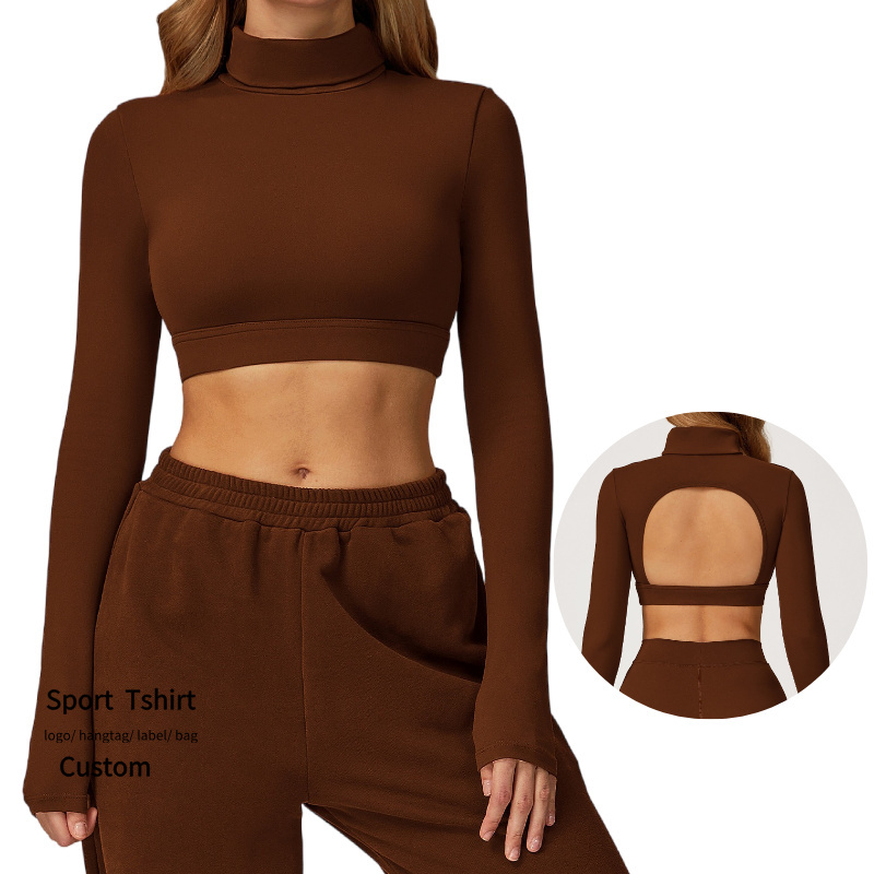 New Arrival Women Sports Wear Yoga Crop Top Long Sleeve High Neck Tight Fitting Gym Shirt Hollow Back Breathable Plus Size