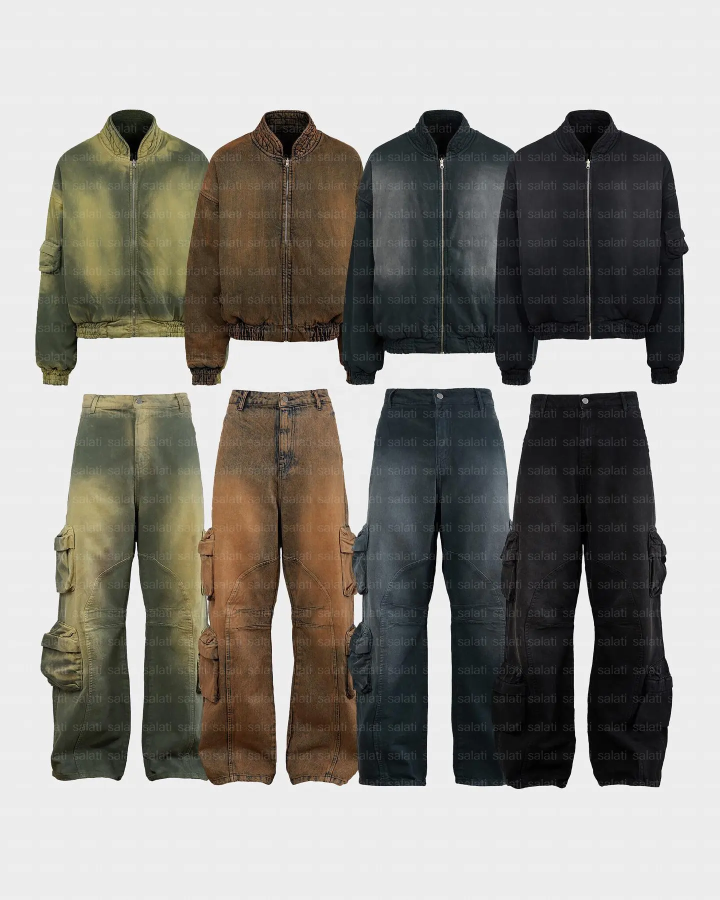 Custom Acid Wash Outfit Streetwear Cargo Werkkleding Broek Bijpassende Pak Jean Denim Set Heren Vintage Tweedelige Broek Sets