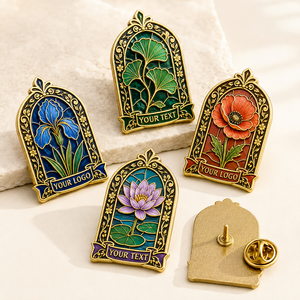 Ensemble d'épingles en émail dur personnalisées, style Art Nouveau, motif botanique en vitrail, forme irrégulière, badge de collection - Product Image 1