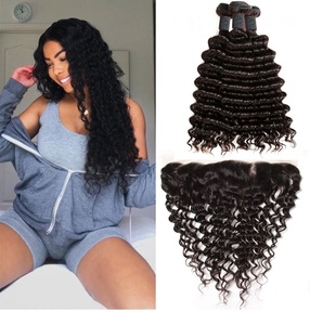 Mechones de pelo indio ondulado con Frontal de Apple girl, cabello humano Remy, 3 mechones con encaje Frontal 13*4, Color Natural para mujeres negras - Product Image 2