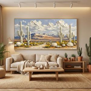 Peinture abstraite texturée de paysage de cactus en fleurs dans le désert, 100% peinte à la main sur toile, cadre en bois, décoration intérieure - Product Image 1