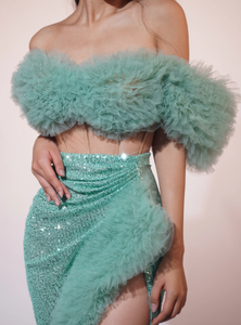 Robe de bal élégante haut en <span class=keywords><strong>satin</strong></span> <span class=keywords><strong>jupe</strong></span> à paillettes ensemble glamour épaules dénudées deux pièces vêtements pour femmes hauts d'été respirants - Product Image 4