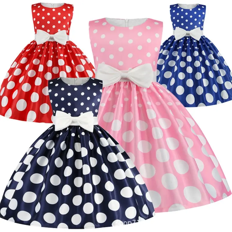 Neueste Sommer ärmellose Kinder Kleid Kleidung Punkte Bögen Dekoration lässige Mädchen Hochzeits kleid Kinder Punkte Kleid