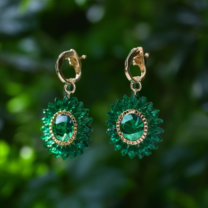 Fashion Drop Earrings Green Crystal Flower Design PVD Gold Plated 316L Stainless Steel Sustainable Resistant - Product Image 3
