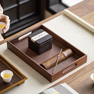 Hand-held double-handled walnut wood <b>tray</b> for <b>tea</b> sets and snacks, solid wood rectangular dessert <b>tray</b> for home use on coffee - Product Image 1