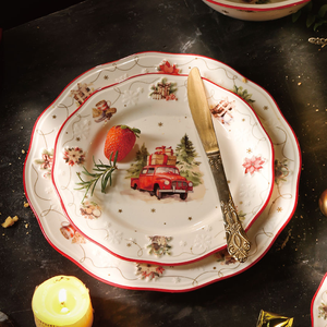 Vajilla de cerámica decorativa con borde rojo en relieve de nieve, platos <span class=keywords><strong>y</strong></span> cuencos, juegos de cena, juego de vajilla de Navidad de porcelana de lujo - Product Image 5