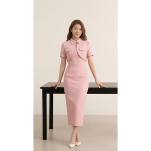 Elegante Vestido Midi Ajustado Color Rosa Pálido con Cuello en Punta, Mangas Cortas y Cintura Ajustada, Vestido Formal de Negocios para Mujer, Mejor Precio - Product Image 2
