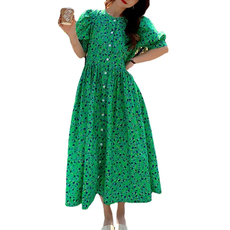 Summer Vintage Casual Floral Dress Sweet Puff Short Sleeve Retro Printed Long Dress 2023 Korean Button Loose Green Women Dress