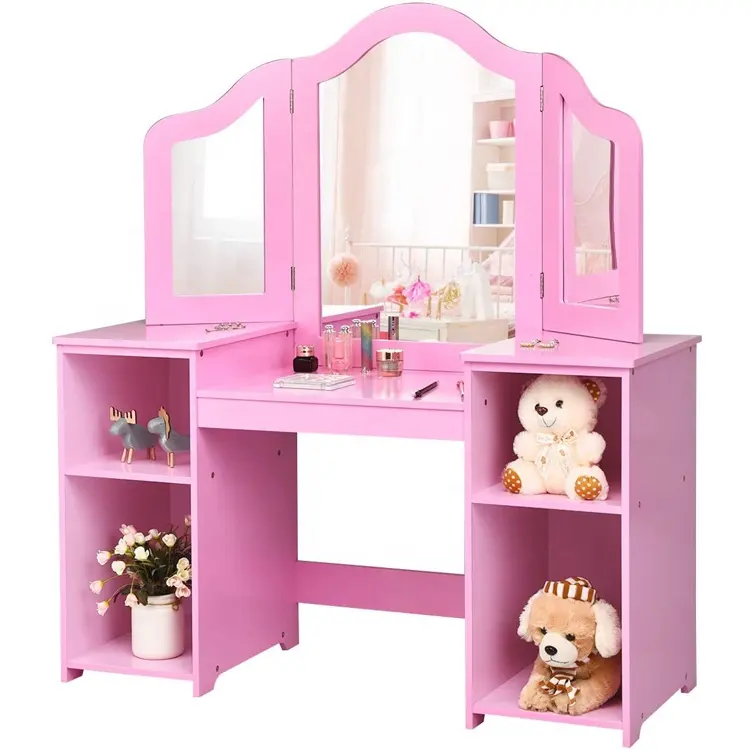 Coiffeuse 2 en 1 en bois, style princesse, coiffeuse, bureau de maquillage avec miroir et étagères de rangement, de couleur rose