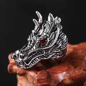 Vintage Gothic Punk Kepala Naga Cincin Perhiasan Aksesoris Pria Antik Emas Perak Warna Hitam Hewan Pernyataan Cincin Jari