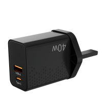 Adaptateur de voyage USB-A et Type-C 2-en-1 à charge rapide PD 40W avec protections OTP/OVP/OCP pour prises EU/UK