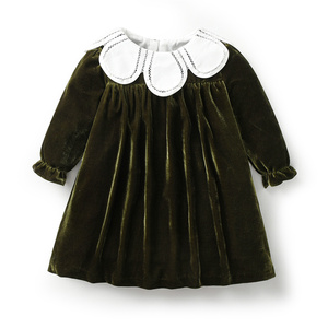 Váy bé gái mùa đông chất liệu nhung mềm mại, cổ tròn, tay dài, họa tiết trơn, kiểu dáng Tây Ban Nha, thêu hoa thủ công. - Product Image 1