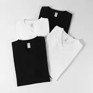 Camiseta pesada unissex 250 gsm cor sólida, lisa, de algodão, preta e branca, com gola em v