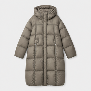 Manteau long à capuche unisexe pour femme, en nylon, couleur unie, style minimaliste, fermeture éclair, rembourrage épais, vêtements d'extérieur - Product Image 2