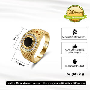 Fijne sieraden 925 zilveren <span class=keywords><strong>ring</strong></span> heren verguld echt sterling zilver ronde zwarte agaat met zirkoon edelsteen zilveren <span class=keywords><strong>ring</strong></span> voor heren - Product Image 5