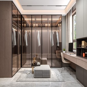 BALOM Armoire sur mesure moderne en bois pour chambre à coucher, cadre <span class=keywords><strong>noir</strong></span>, portes coulissantes en <span class=keywords><strong>verre</strong></span>, éclairage LED, montage facile, garantie 5 ans - Product Image 1