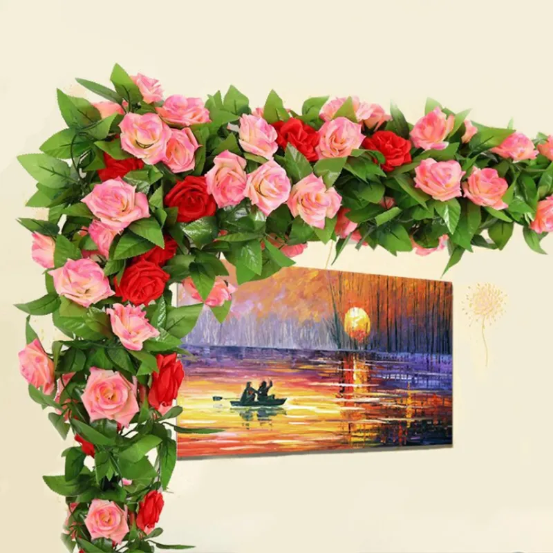 Produits tendance Rose Vigne 245cm Roses Rouges Fleurs Artificielle Maison Mariage Fleur Rose Mur Rotin Décoration