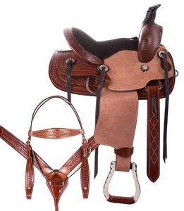 Selle de cheval pour jeunes Western Show en cuir marron avec têtière, rênes et collier de poitrine pour la course de barils et le roping - Product Image 1