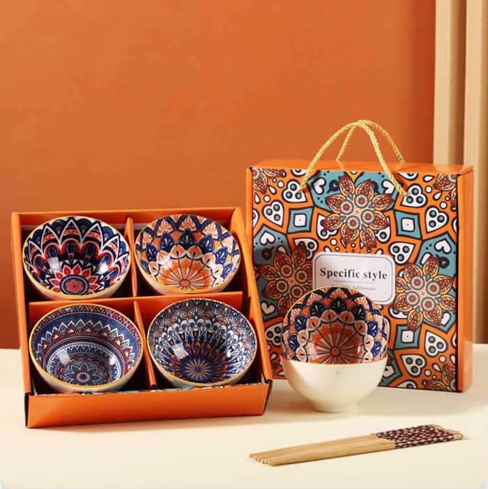 Bohemian Style 4Pcs Colorful Ceramic Rice Chopsticks Bowl Gift Set Eco-Friendly Dishwasher Safe Dinnerware Sets