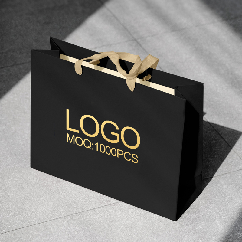 Wholesale Printed Logo Gift Packaging Biodegradable Black and Gold Custom Shopping Luxury Paper Bags
