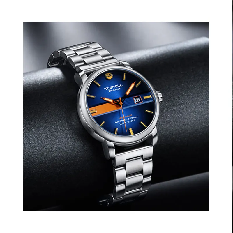 Tophill Clássico relógios mecânicos masculinos de luxo personalizados à prova d'água para lazer e negócios