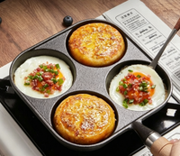 Poêle à petit-déjeuner en fonte à 4 trous, poêle à frire non revêtue pour œufs et burgers avec poignée en bois, compatible avec toutes les plaques de cuisson