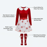 Costume de Père Noël en velours rouge pour femme, robe en tulle à flocons de neige, col en fourrure pelucheuse, chapeau, gants, chaussettes à pompons, ensemble de 5 pièces