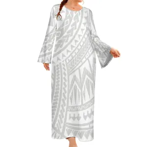 프로모션 가격 뜨거운 판매 태평양 섬 디자인 화이트 그레이 디자인 여성 드레스 1 MOQ 플레어 슬리브 느슨한 긴 드레스