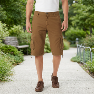 Shorts cargo en toile 100 % coton pour homme, taille élastique, multi-poches, décontracté, pour le travail, tricoté, anti-UV, style urbain, marron kaki - Product Image 3