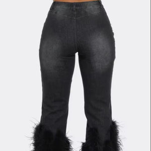 Broek Mid Taille Dames Jeans Casual Uitlopende Gescheurde Denim Straat Faux Wol Gescheurde Stretch Jeans Met Kralen Nagels - Product Image 1