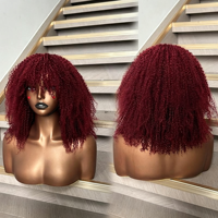 Perruques en cheveux humains bouclés afro kinky 99J bordeaux, prêtes à porter, avec frange, fabriquées à la machine, sans colle, pour femmes noires