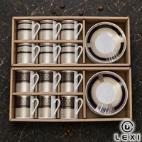 Ensemble tasse et soucoupe à café turc en porcelaine fine, écologique, motif géométrique doré et imprimé quadrillé bleu marine, coffret cadeau