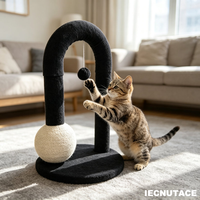 Arbre à chat compact en forme de U avec griffoir en sisal noir, balles interactives, meuble d'intérieur pour chat
