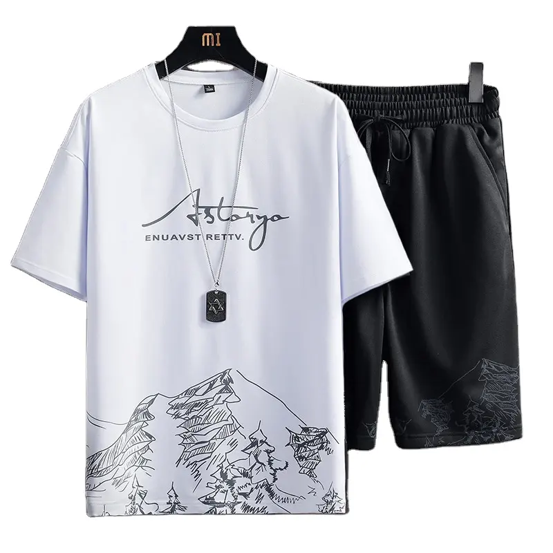 여름 새로운 반소매 티셔츠 세트 남성용 프린트 패션 트렌드 대형 스포츠 투피스 세트의 한국어 버전