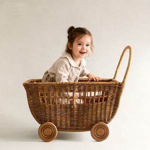 Carrito de mimbre tejido para niños, regalo de cumpleaños de un año, carrito de mano para caminar para bebés, cochecito de mimbre tejido hecho a mano para niños - Product Image 1