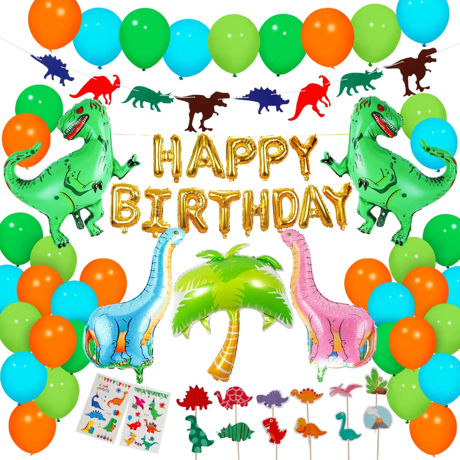 Happy birthday dinosaur balloons banner tattoo cake topper dinosaur party supplies ideas for kids
