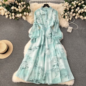 Nueva moda francés Retro impreso teñido gasa <span class=keywords><strong>Couture</strong></span> Vestido de manga larga Slim Fit Seaside Resort vestido para mujer - Product Image 3