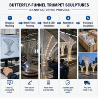 Grande sculpture trompette inclinée en acier inoxydable poli miroir, avec dôme ovale ajouré en maille organique, éclairage LED, sur pieds multiples, pour repère de place publique, personnalisable