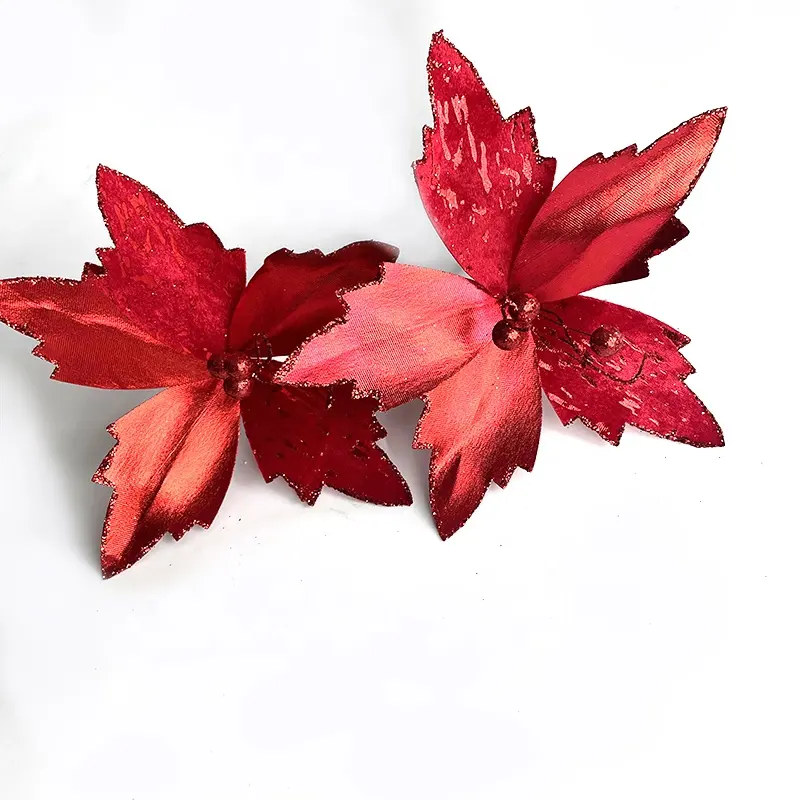 FCXY003 Artificial Red Poinsettia Flowers Decorations with Clips and Stems Glitter Christmas Tree Ornaments DIY for Xmas Wedding