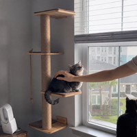 Arbre à chat mural en bois massif, tour inclinée avec plateforme de saut et lit intégré, style campagnard pastoral, en carton