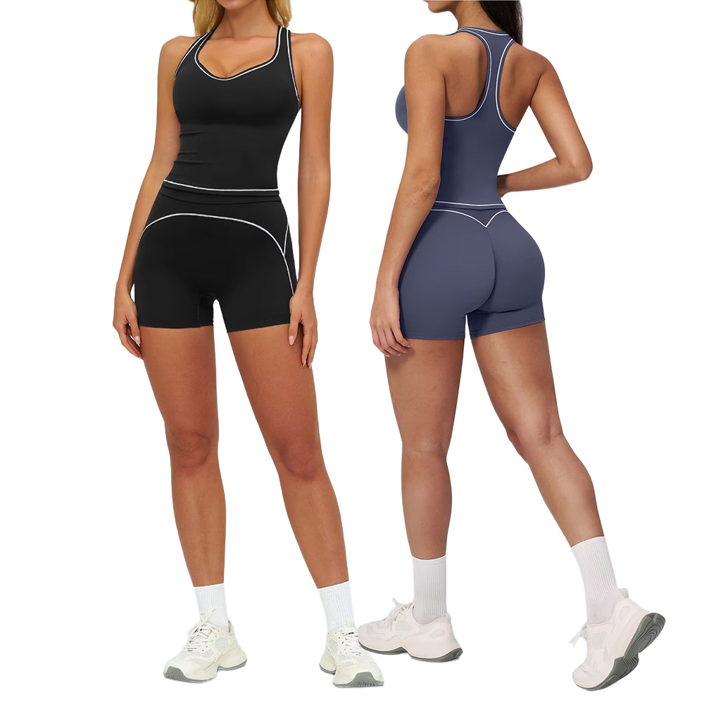 Contrast Color Brushed Yoga & Fitness Outfit, Slim-fit Double Strap Tank Top, Nylon Spandex Shorts, Women's Running Sportswear