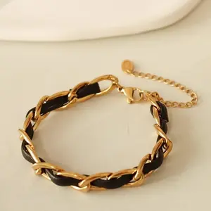 Woman bracelet 18k gold plated personalized jewelry leather and stainless steel couple bracelets bijoux en acier inoxydable