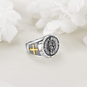 Bijoux religieux, <span class=keywords><strong>argent</strong></span> sterling 925 plaqué <span class=keywords><strong>or</strong></span>, croix et croix de saint Michel oxydée, bague pour homme - Product Image 4