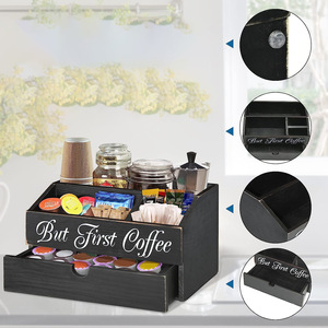 Caja de almacenamiento para barra de café con cajón y compartimentos para K-Cups, azucarero, crema y otros, organizador de escritorio de 10L, negro y blanco, acabado quemado claro. - Product Image 2