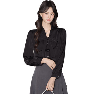 Women's <b>White</b> V-Neck Long Sleeve Shirt With Ribbon <b>Wrap</b> And Tie Design For Commuting - Product Image 5