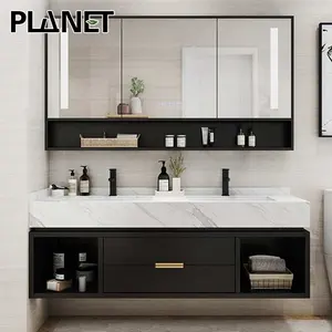 Customized Slate Solid Wood Double Sink Grey Bathroom Vanity Cabinets