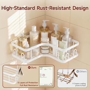 Lot de 3 étagères <span class=keywords><strong>d</strong></span>'<span class=keywords><strong>angle</strong></span> de douche, adhésives sans perçage, avec porte-savon et crochets, cadre métallique épaissi avec coupelles et crochets - Product Image 2