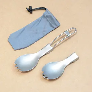 Dã Ngoại 2 trong 1 tinh khiết dài xử lý có thể gập lại kim loại Titan Spoon spork với đánh bóng bát