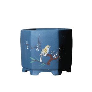Maceta Hexagonal para Bonsái de Arcilla Púrpura con Diseño de Pájaro Pintado, Maceta Pequeña para Mesa - Product Image 5