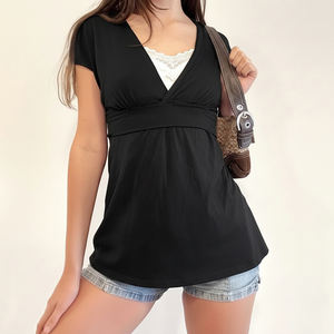 Camiseta de Manga Corta Dos en Uno con Encaje y Contraste de Color Estilo Francés para Mujer, Cintura Alta, Corte Ajustado, Línea A - Product Image 1